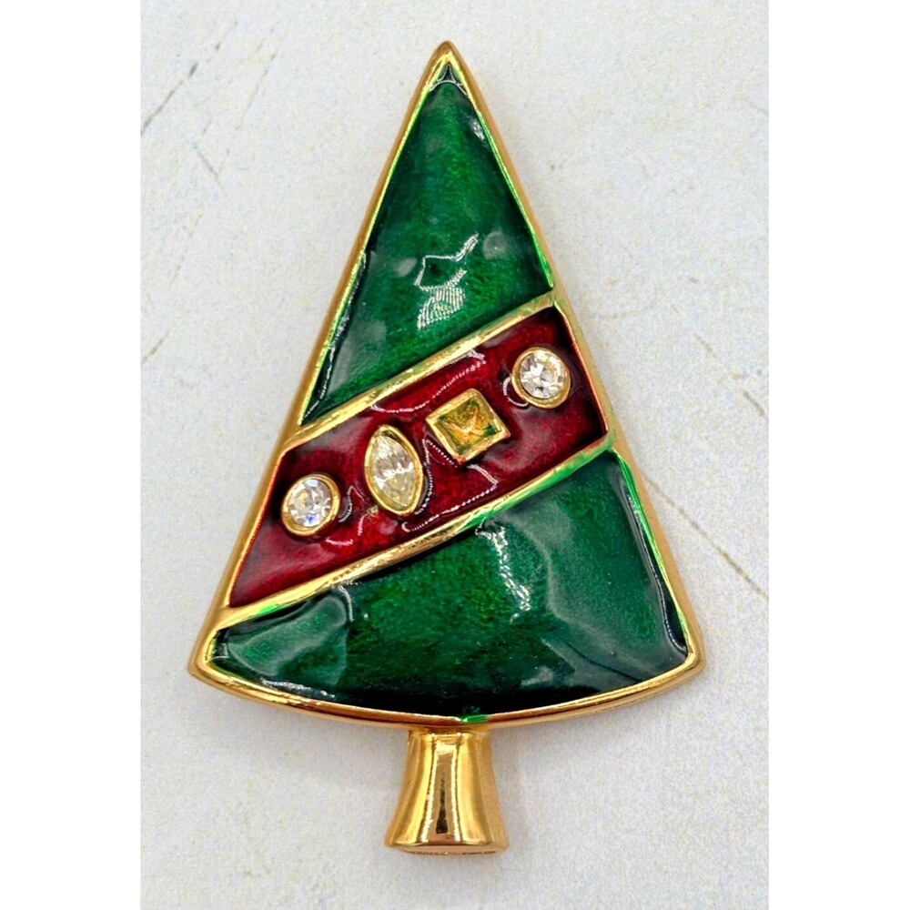 Vintage LIA Signed Christmas Tree Brooch Pin Enamel Green & Red Stones Gold Tone